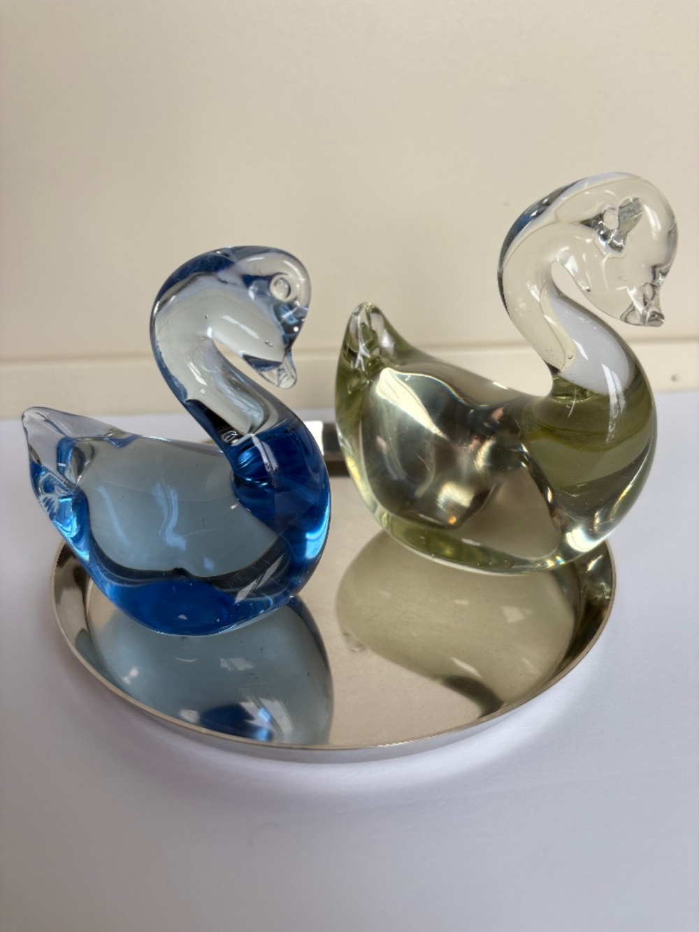 Vintage Hand-Blown Art Glass Swans - Set of Two with Display Plate